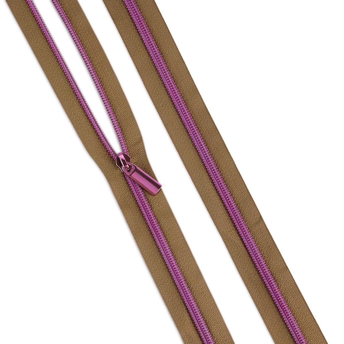 Sallie Tomato Tula Pink #5 Nylon Zipper Tape & Pulls - Natural with Pink Coil