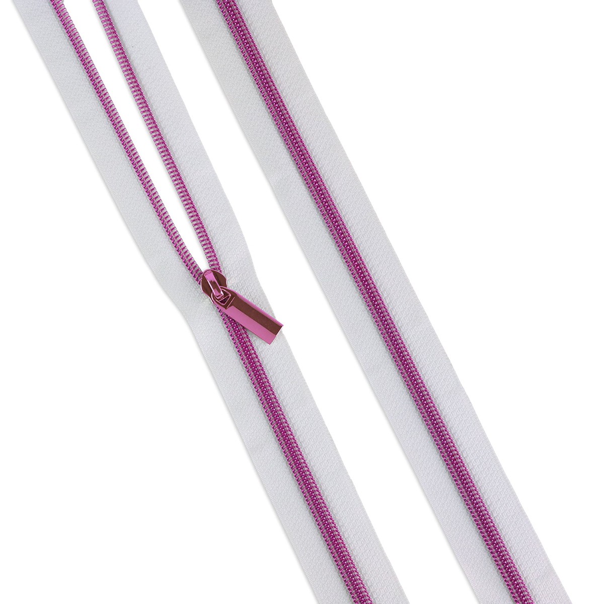 Sallie Tomato Tula Pink #5 Nylon Zipper Tape & Pulls - White with Pink Coil
