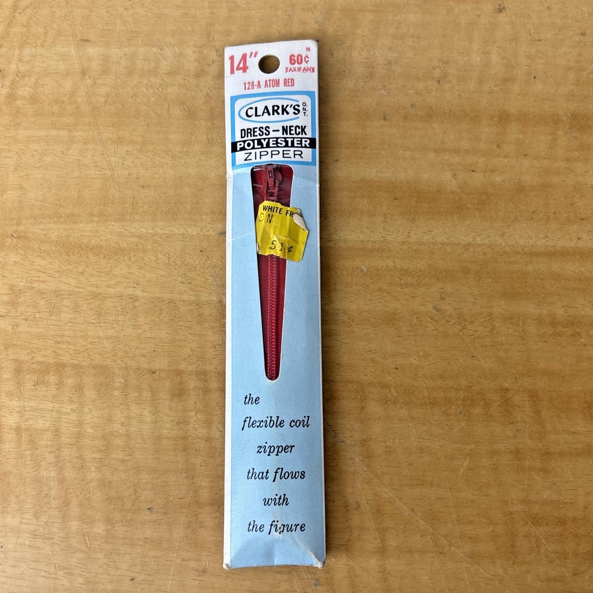 Vintage Clark's Dress Neck Polyester Red Zipper 14" for Sewing