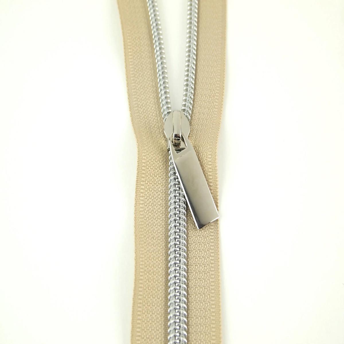 Beige #3 Nylon Nickel Coil Zippers: 3 Yards with 9 Pulls