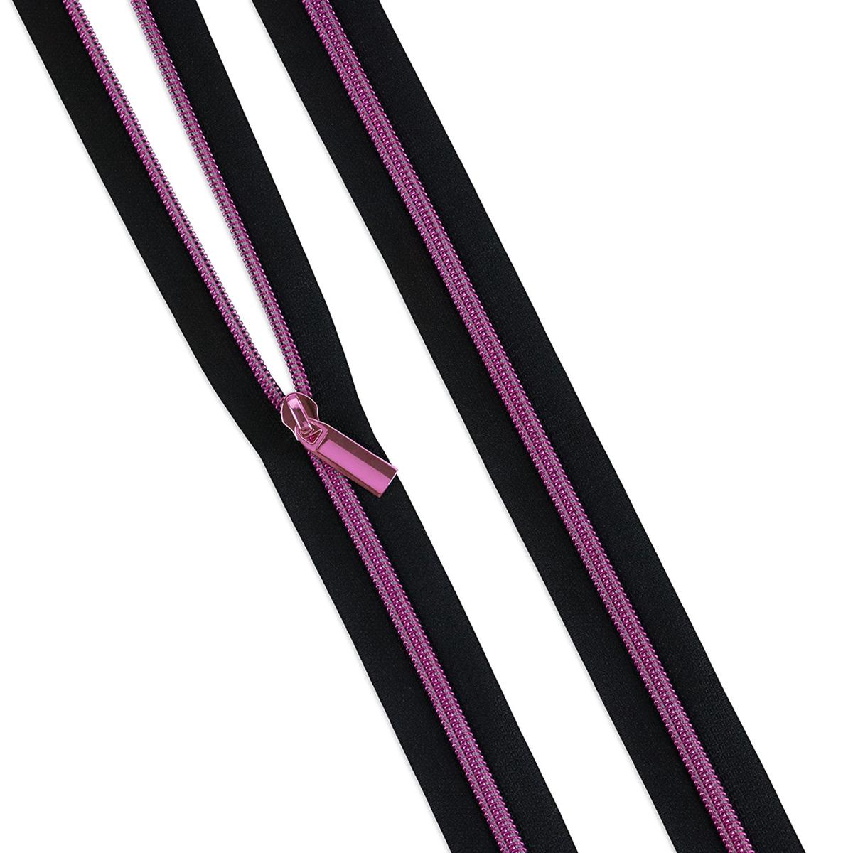 Sallie Tomato Tula Pink #5 Nylon Zipper Tape & Pulls - Black with Pink Coil