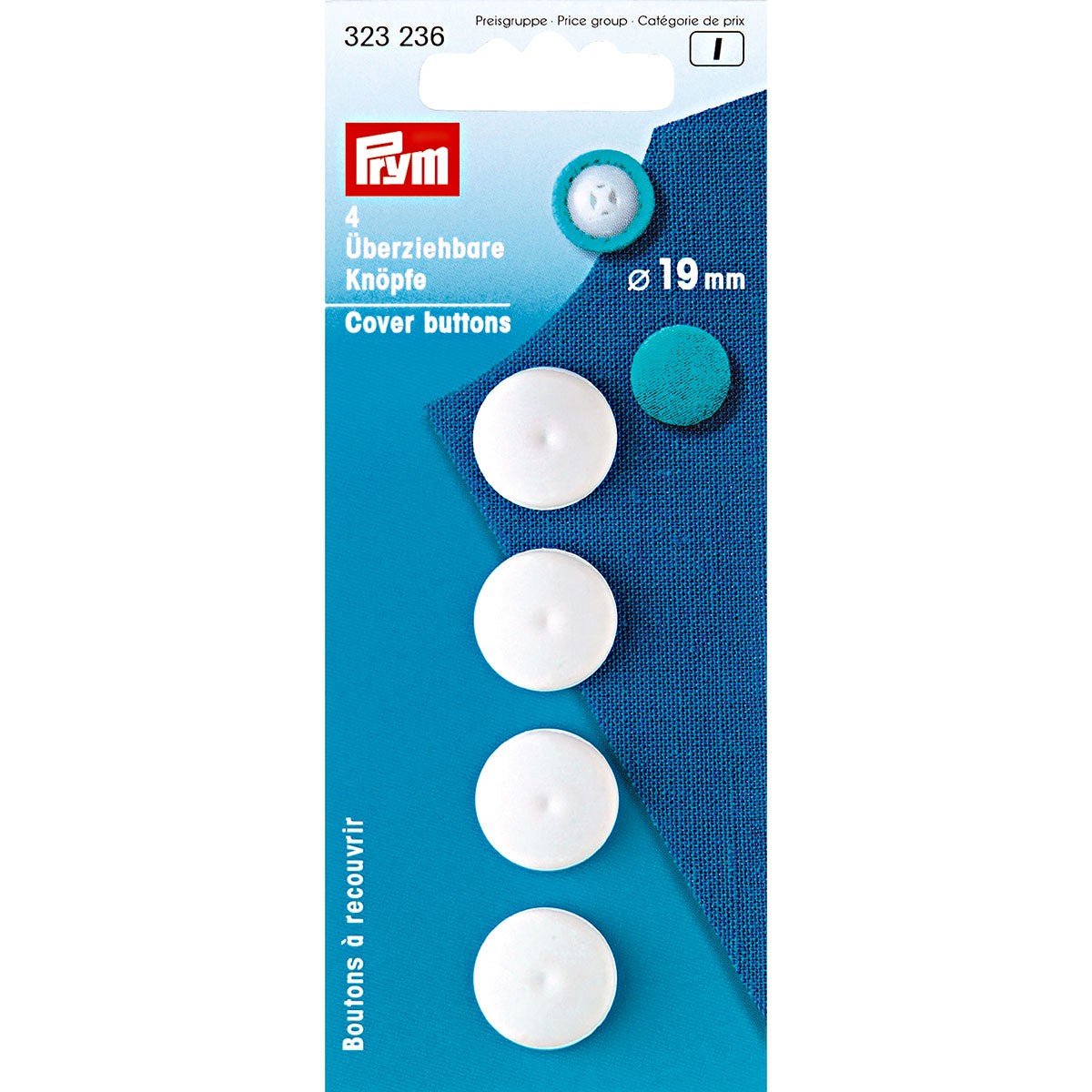 Prym Cover Buttons Plastic 19mm White. Qty 4