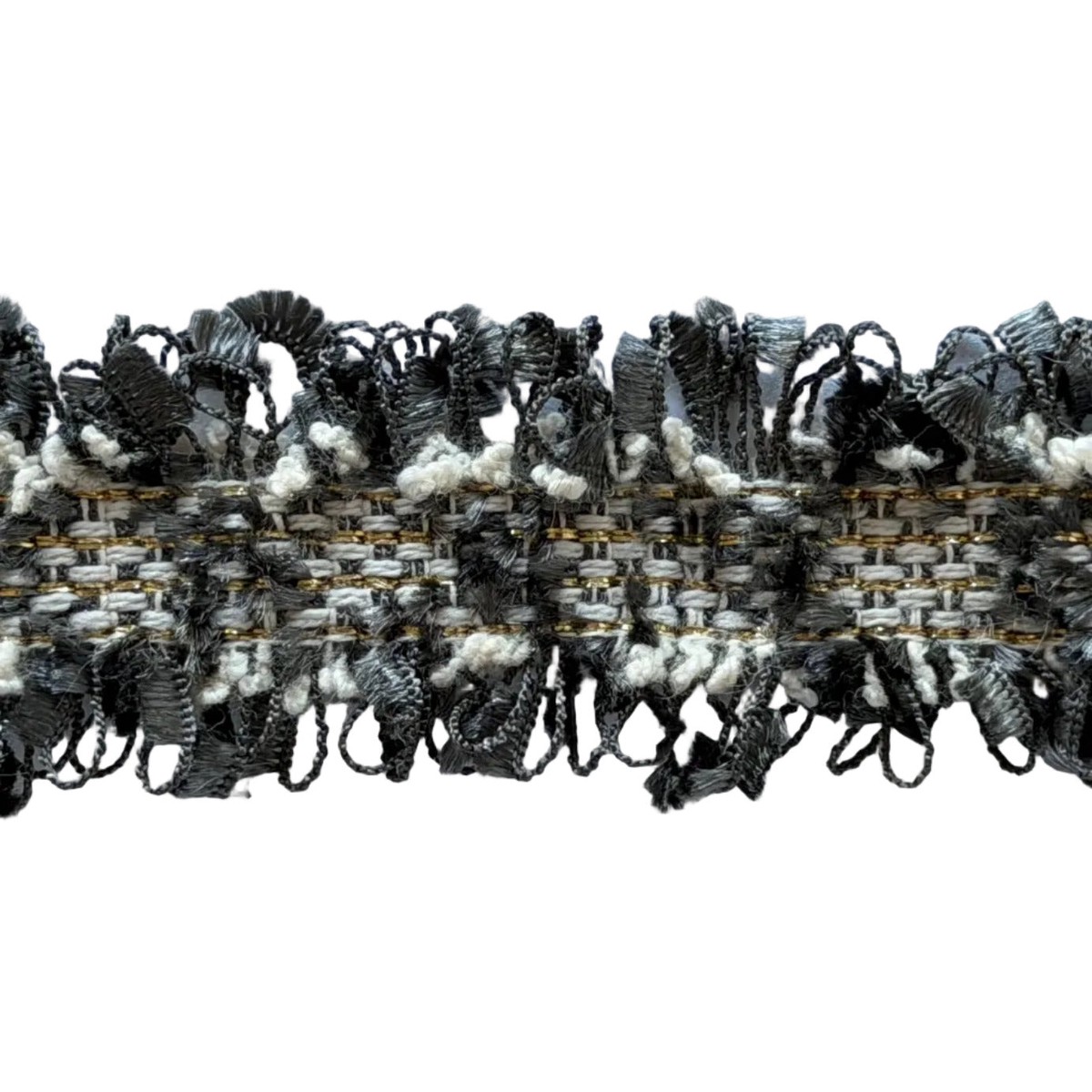 1" Charcoal & Gold Tweedy Double-Fringed Trim (Made in France)