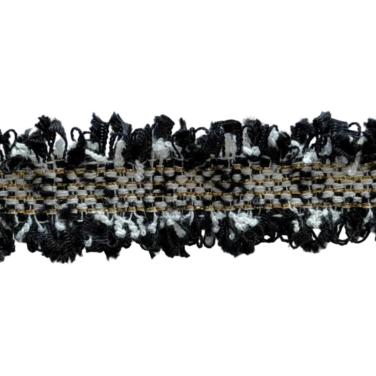 1" Black/White & Gold Tweedy Double-Fringed Trim (Made in France)