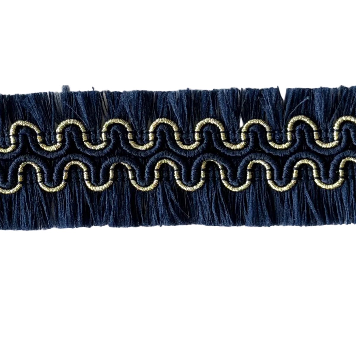 1" Navy Blue & Gold Waves Double-Sided Fringed Trim (Made in France)
