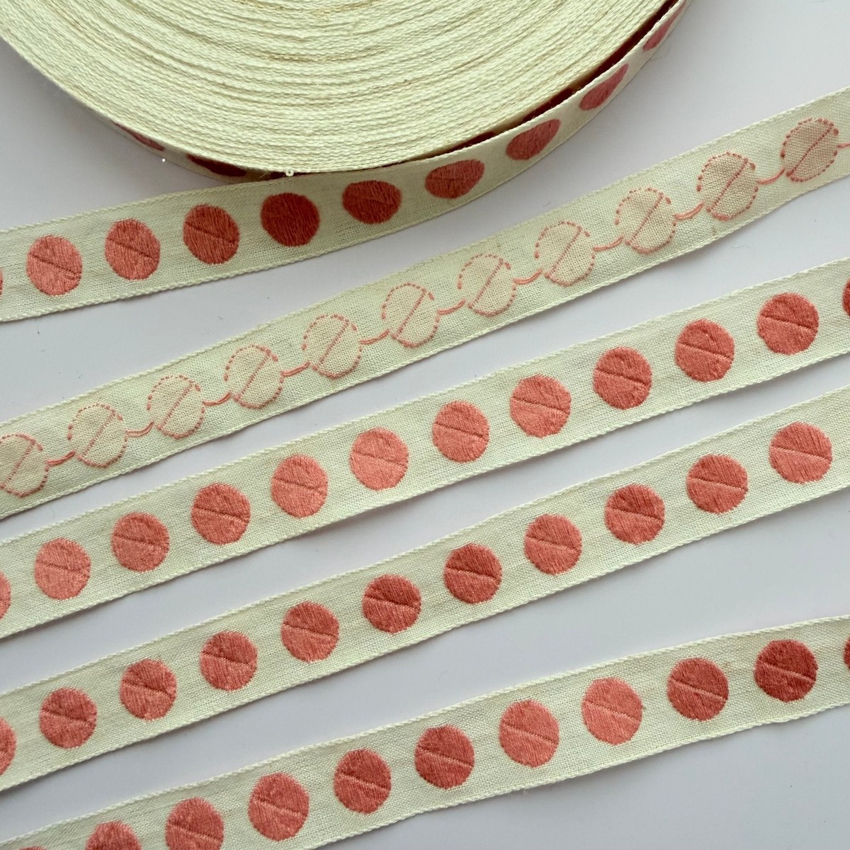 Vintage Pink Polka-Dot Embroidered Ribbon