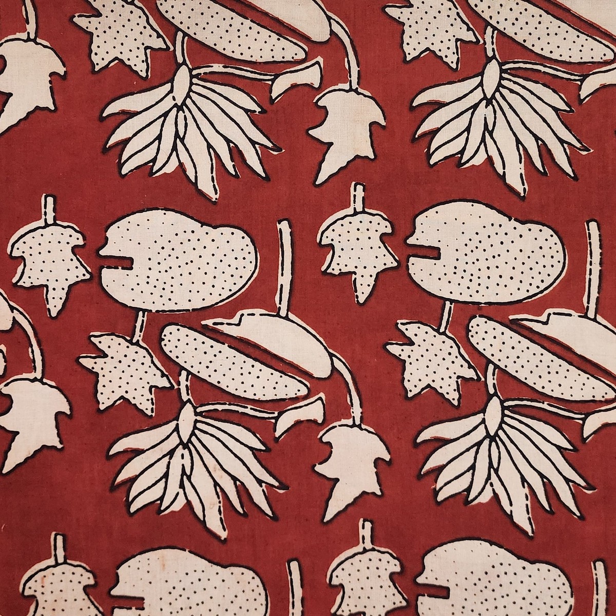 Pure Cotton Bagru Rust Red With Cream Pond Flower Hand Block Print Fabric