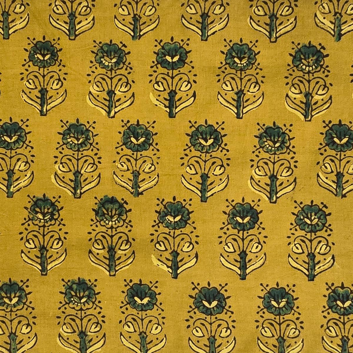 Pure Cotton Ajrak Yellow With Green Flower Motif Hand Block Print Fabric