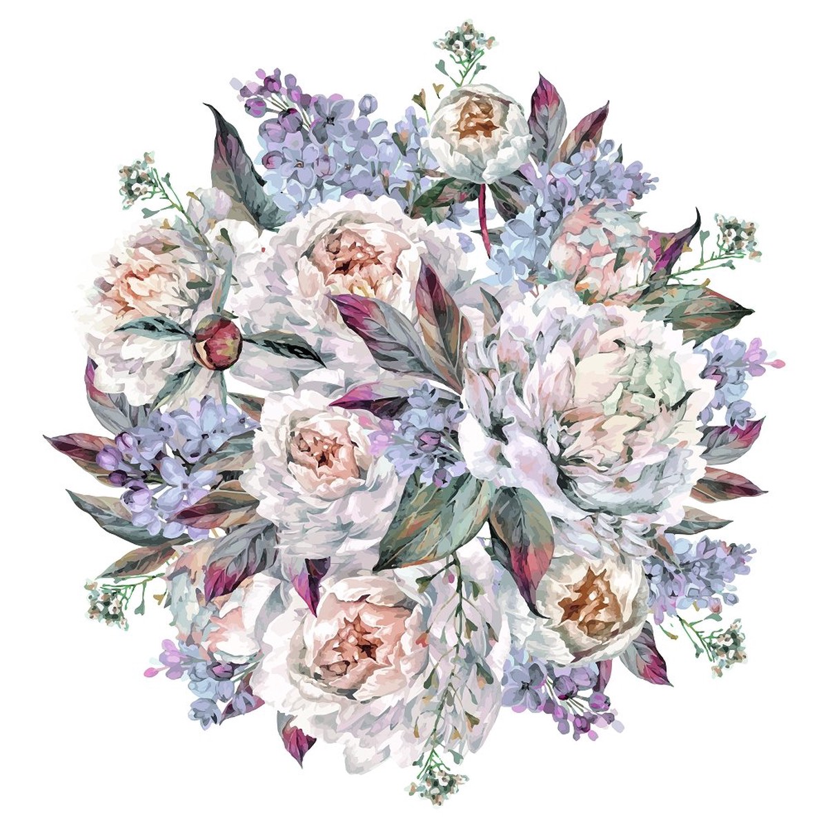 Rounded White Peonies Lilac Fabric Panel