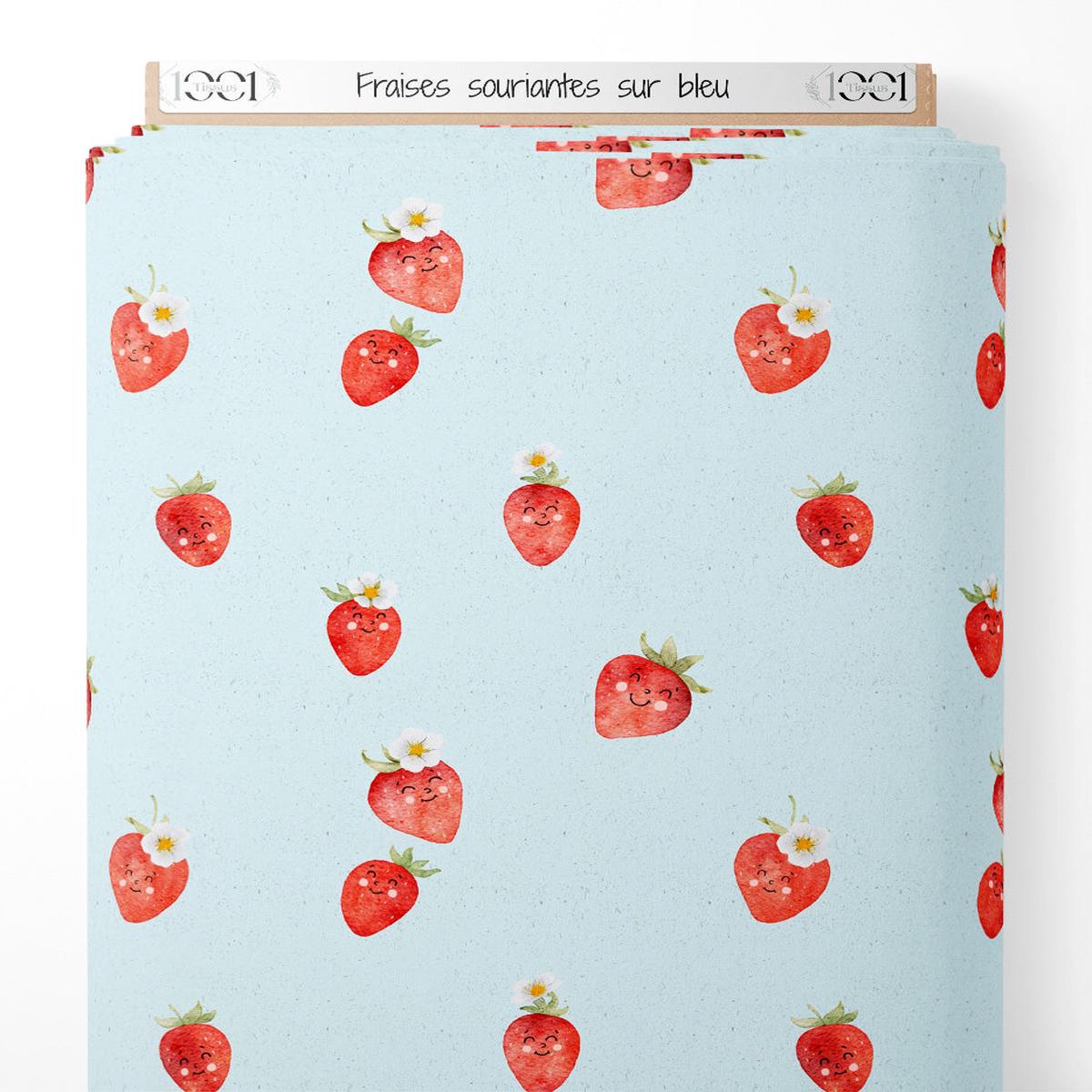 Tissu - Fraises souriantes sur bleu