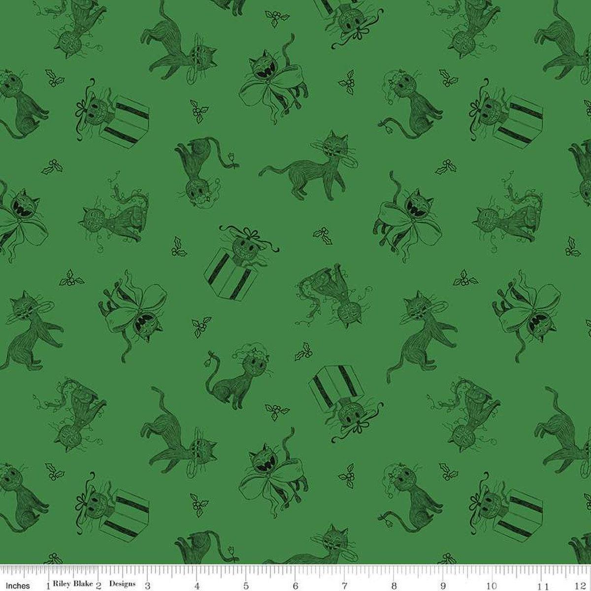 SALE Christmas with Scaredy Cat Toss C13532 Green - Riley Blake Designs - Cats Holly Berries - Quilting Cotton Fabric