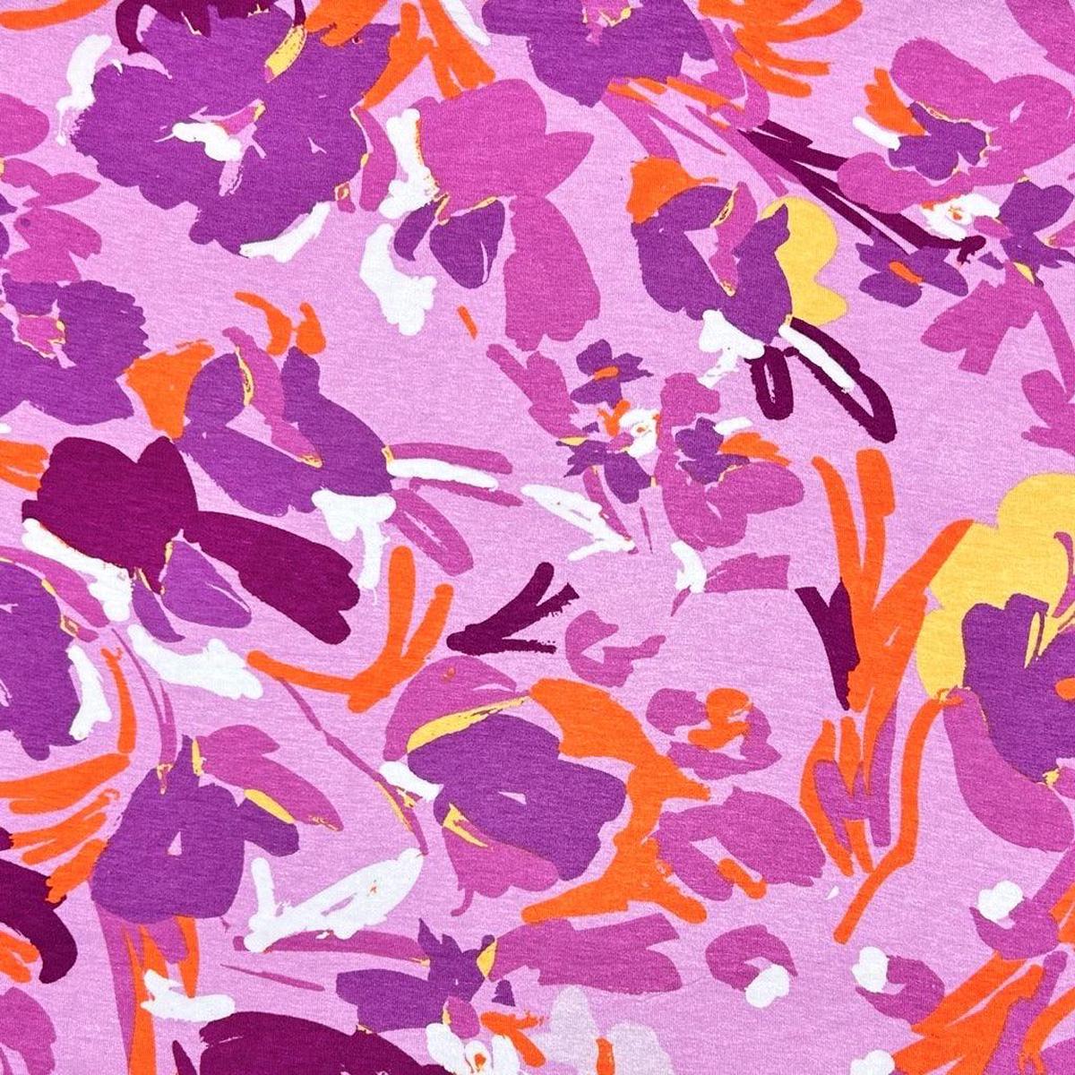Purple Painted Floral Viscose Jersey Fabric