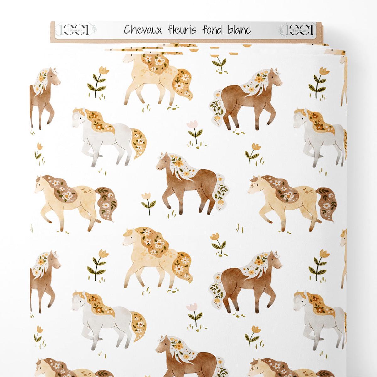 Tissu - Chevaux fleuris sur fond blanc