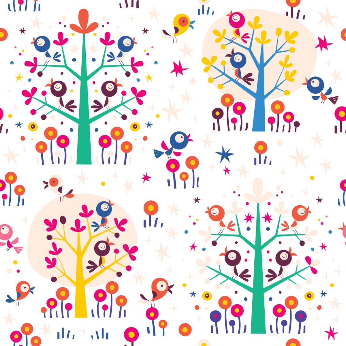 Birds in the Trees Fabric - White