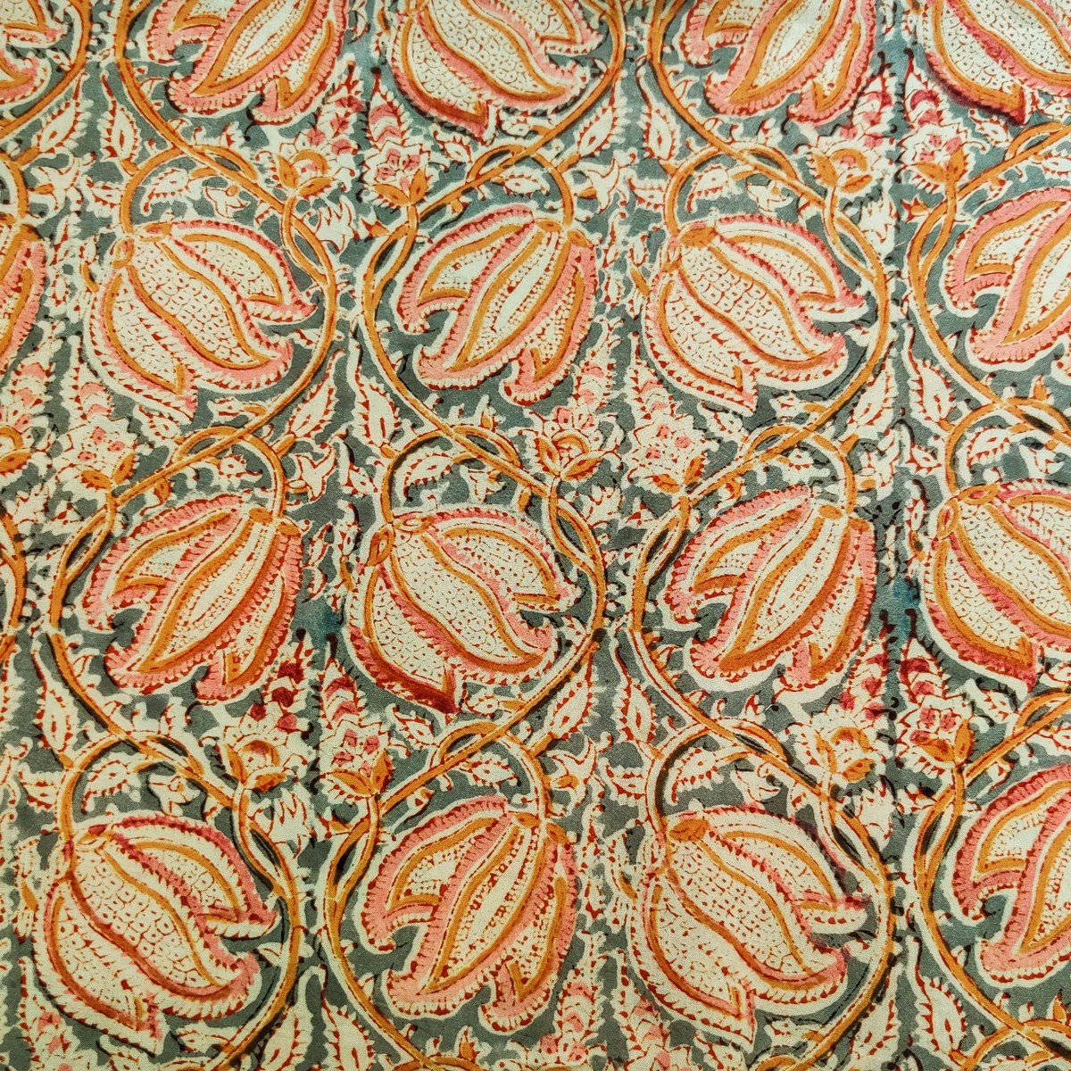Modal Kalamkari Grey With Peach Mustard Lotus Jaal Hand Block Print BLOUSE (1 METER) FABRIC