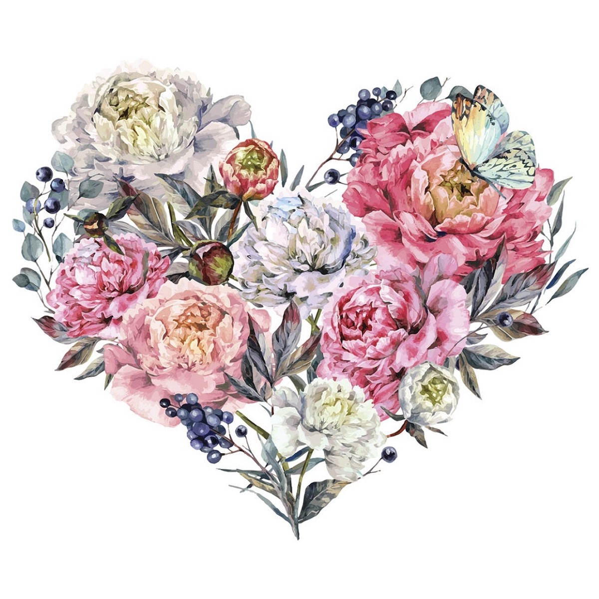 Peonies Lilacs Butterfly Heart Fabric Panel - Multi