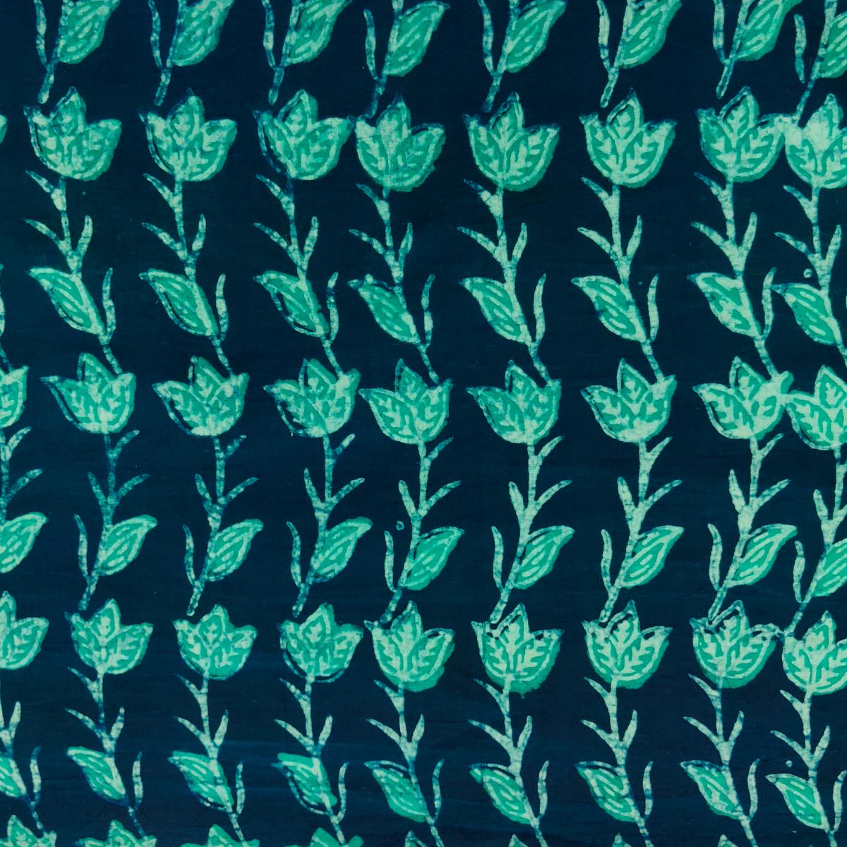 Pure Cotton Akola Dark Teal With Sea Green Creeper Hand Block Print Fabric