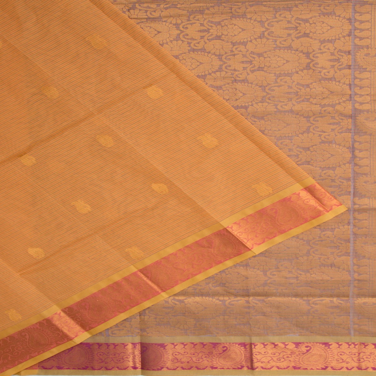 Handspun Cotton Horizontal Lines And Butta Cream Saree