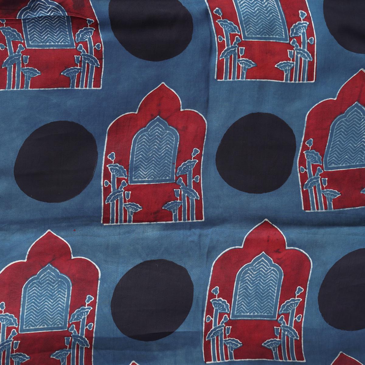 Modal Silk Ajrak Rust Blue With Black And Red Big Window Motif Hand Block Print Fabric