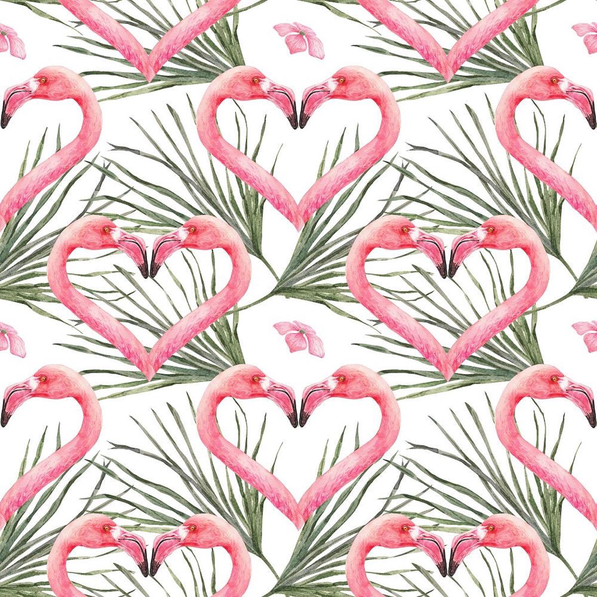 Tropical Love Flamingos and Leaves Fabric - White