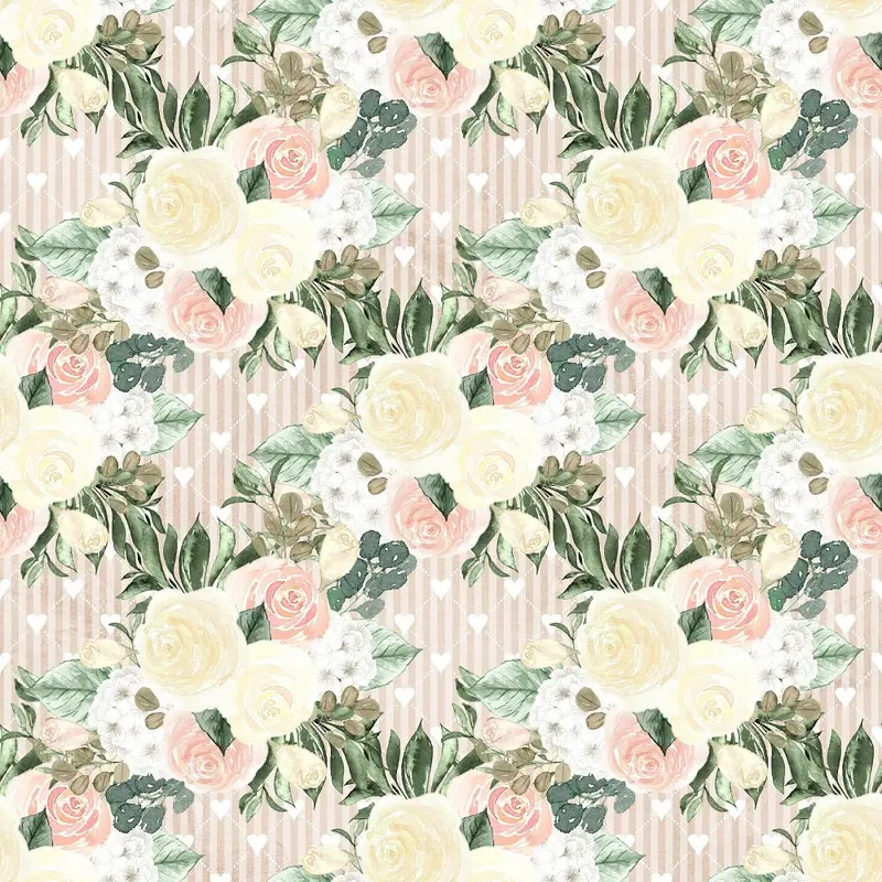 Watercolor Roses Bundles on Hearts Fabric - Tan