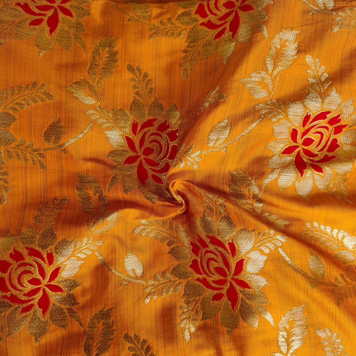 Banarasi Brocade Mustard With Gold And Red Flower Jaal Weaves Fabric