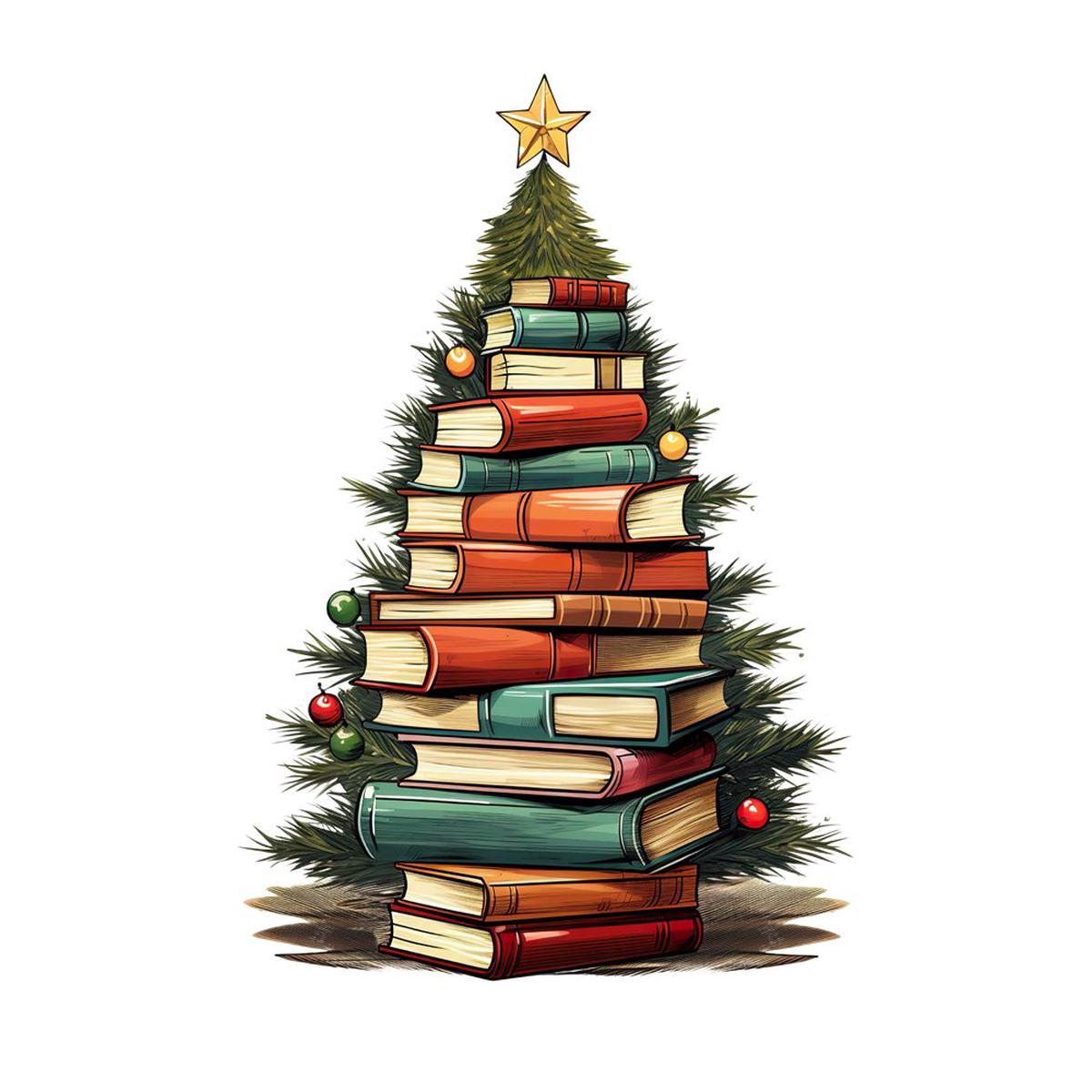 Christmas Book Tree 4 Fabric Panel