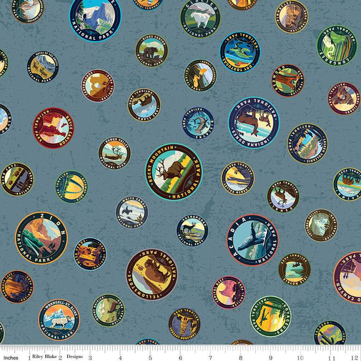 SALE National Parks Emblems Blue Outdoors Recreation Fabric - CD13292 - DIGITALLY PRINTED Riley Blake Quilting Cotton Fabric