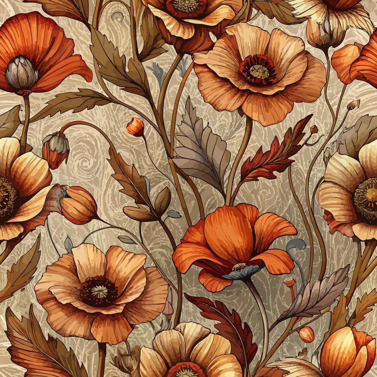 Art Nouveau Poppies Pattern 1 Quilting Cotton Fabric