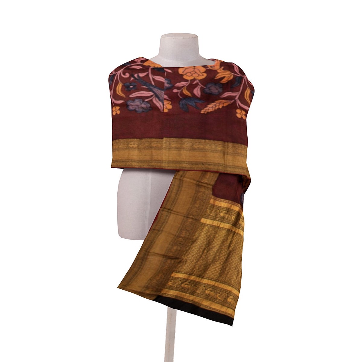 Kanchipuram Silk Kalamkari Brown Dupatta