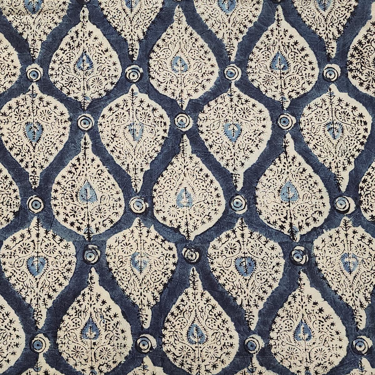 Pure Cotton Kalamkari Blue With Cream Leaf Motif Hand Block Print Fabric