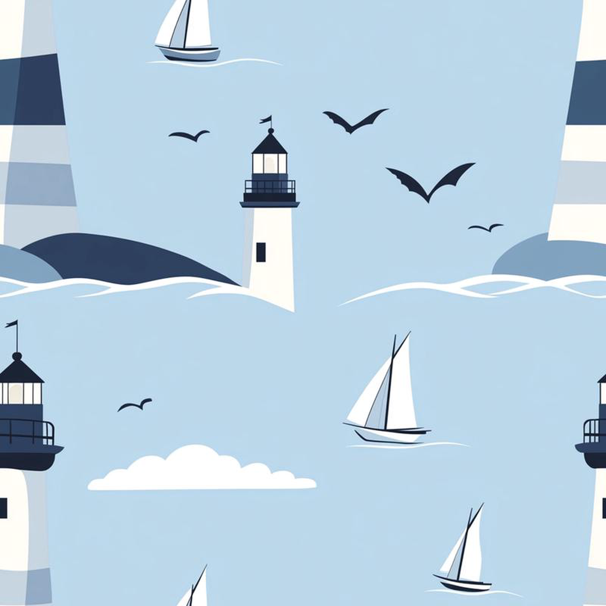 Lighthouse and Sailboats Pattern 13 Quilting Cotton Fabric