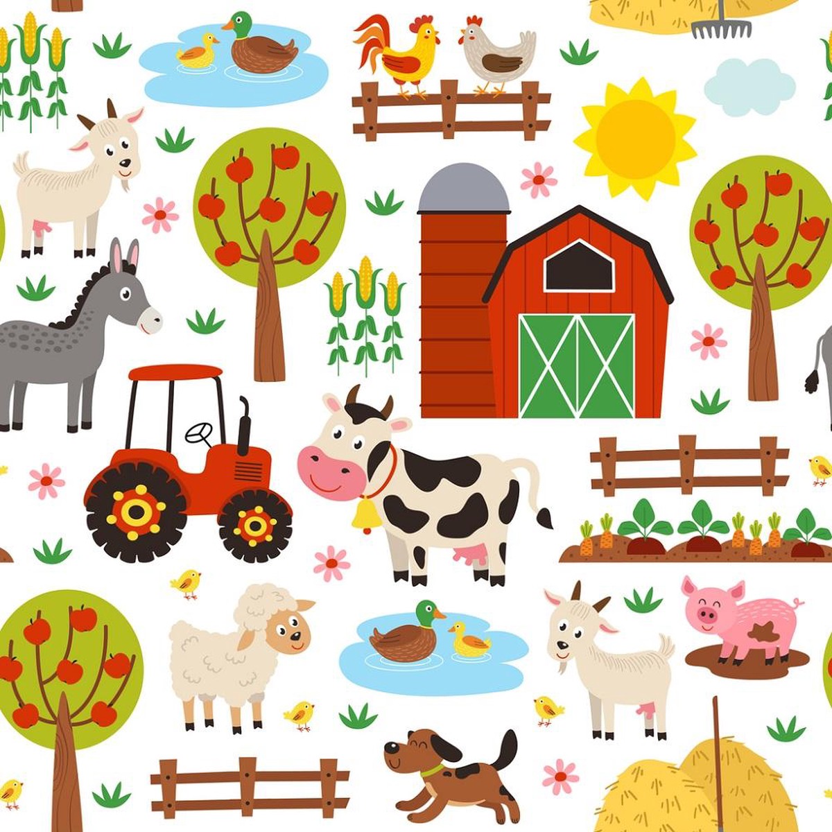 Cartoon Farming Tractor Animals Fabric - White