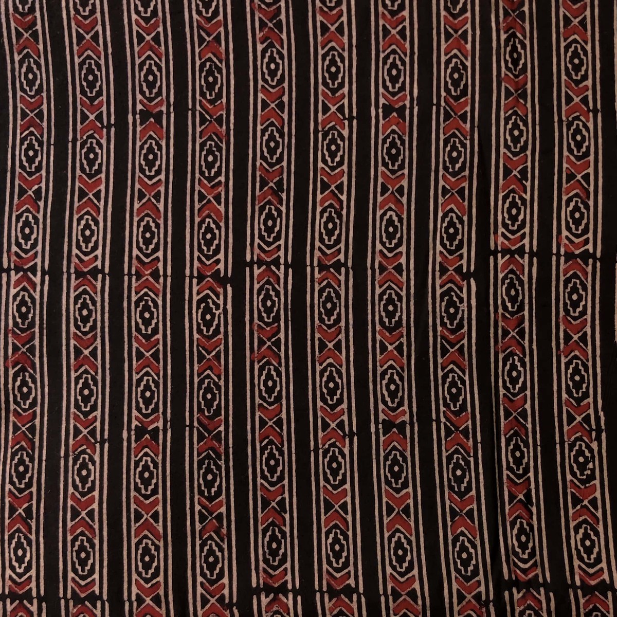 Pure Cotton Ajrak Black With Rust Cream Tribal Border Hand Block Print Fabric