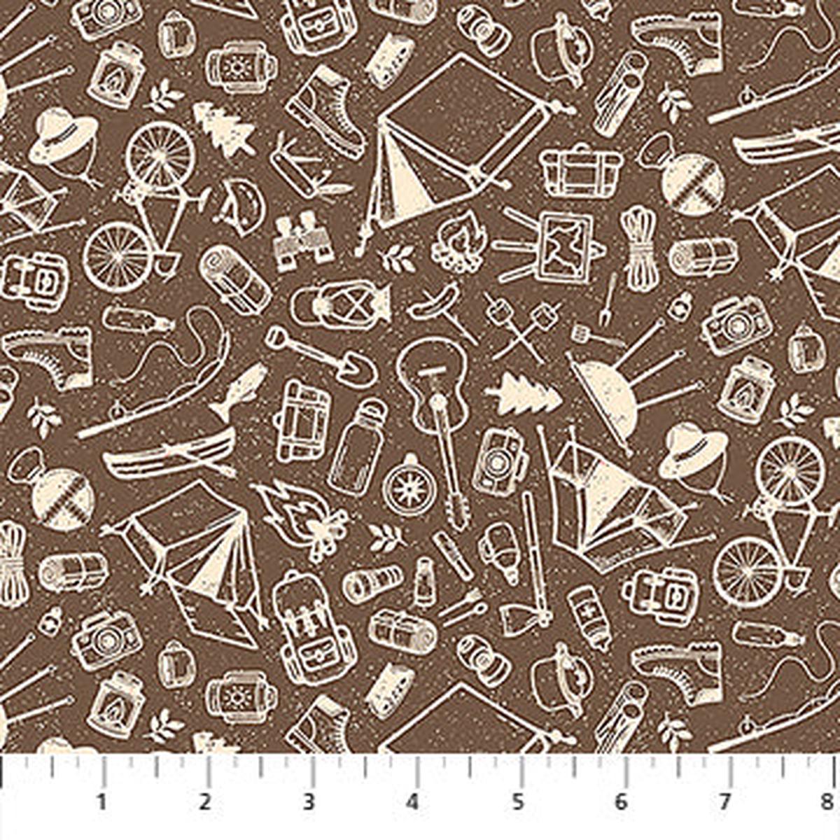 Brown Camping Sketches Camping Therapy Cotton 44"/45" Fabric Per Yard