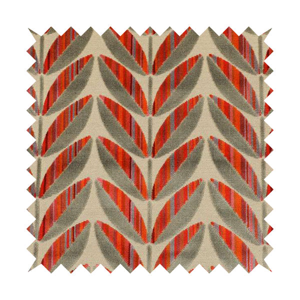 Floral Leaf Pattern In Red Orange Grey Colour Velvet Upholstery Fabric JO-716