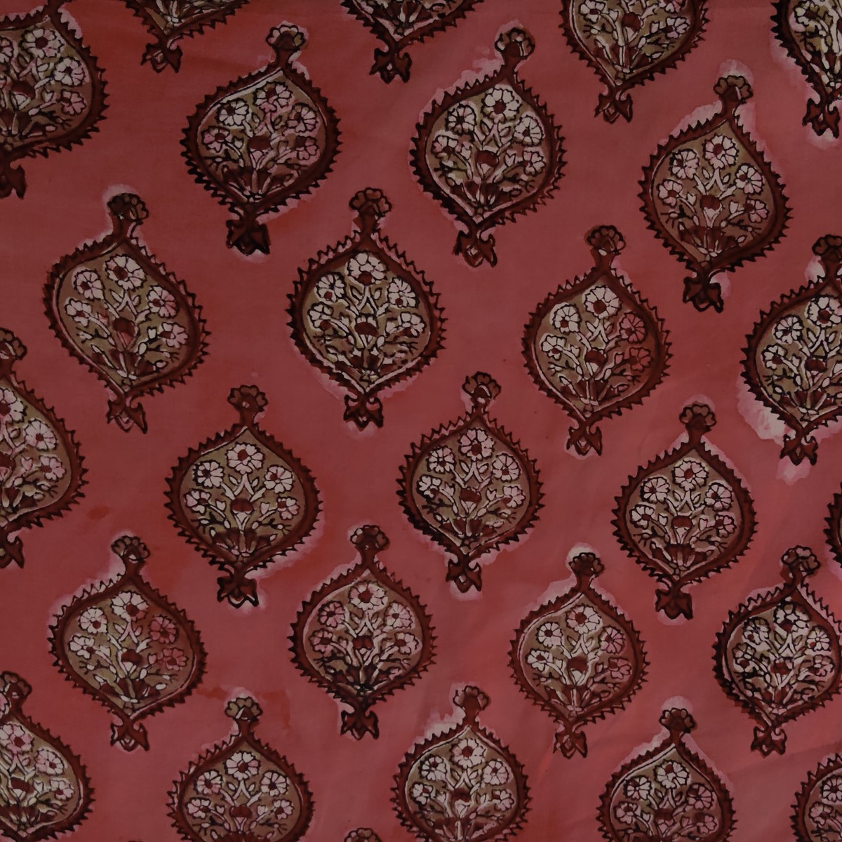 Modal Cotton Dark Peach With Tribal Motif Hand Block Print Fabric