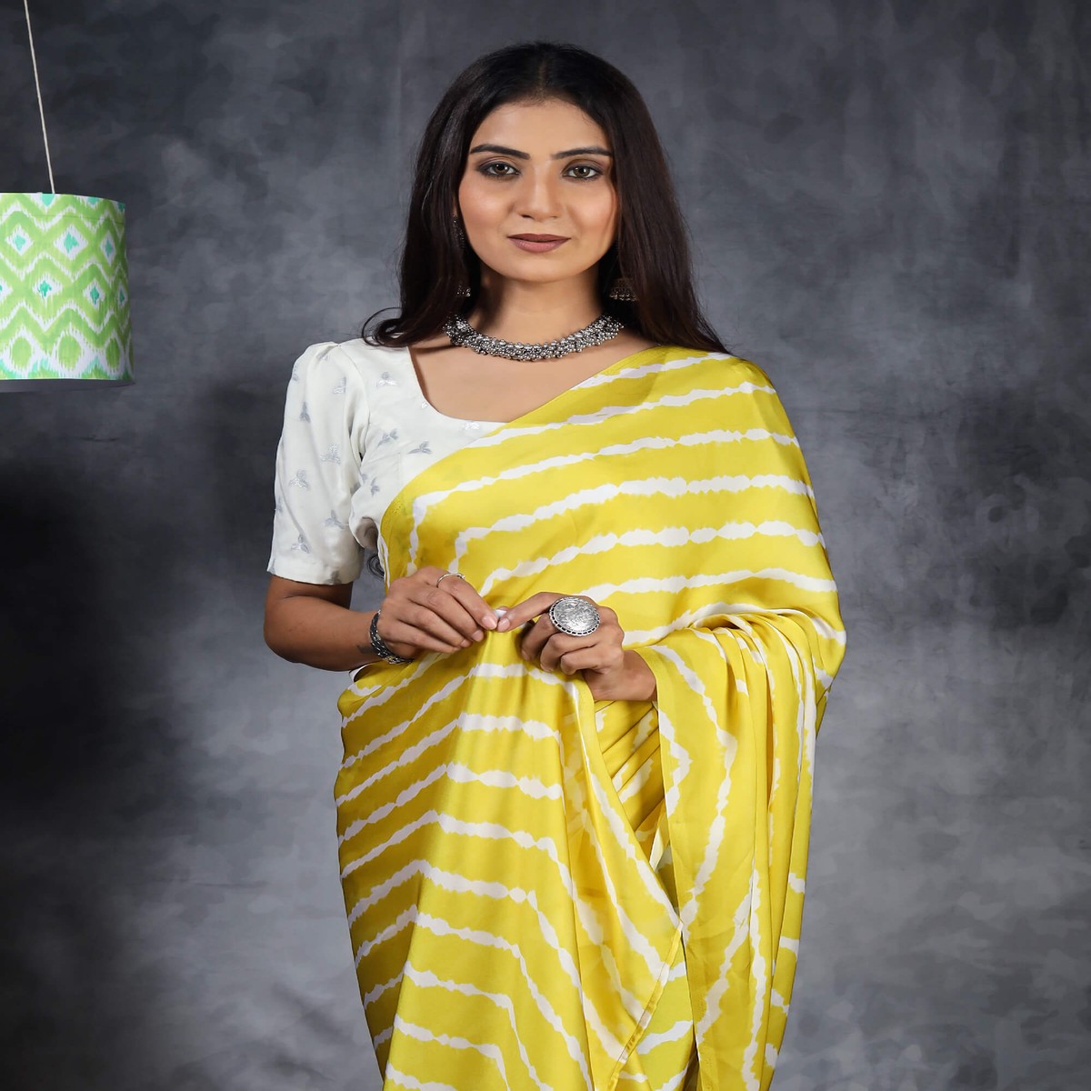 Royal Yellow And White Leheriya Pattern Digital Print Georgette Satin Pre-Draped Saree With Tassels