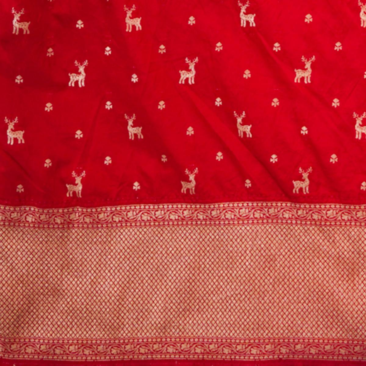 Brocade Dark Red With deer Motif And Zari Border Hand Woven Fabric