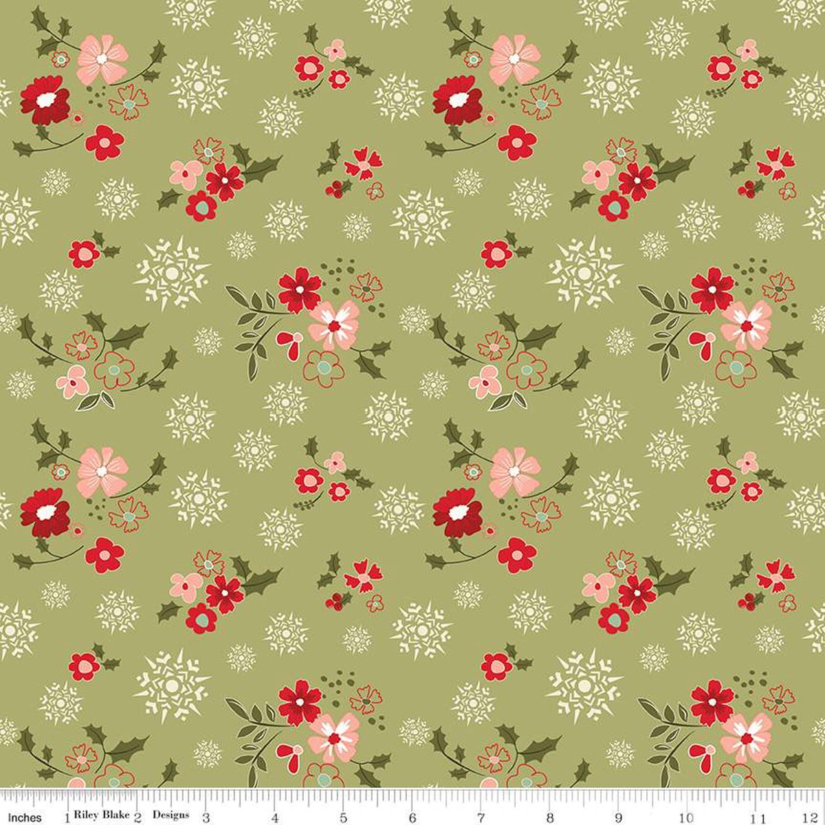 Fabric Riley Blake Olive Winter Flowers Glisten by the Quarter Yard C16222-OLIVE