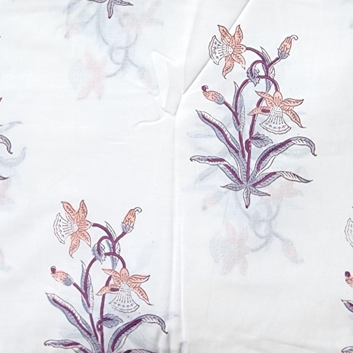 Pure Cotton Jaipuri White With Purple Big Flower Plant Motif Hand Block Print Fabric
