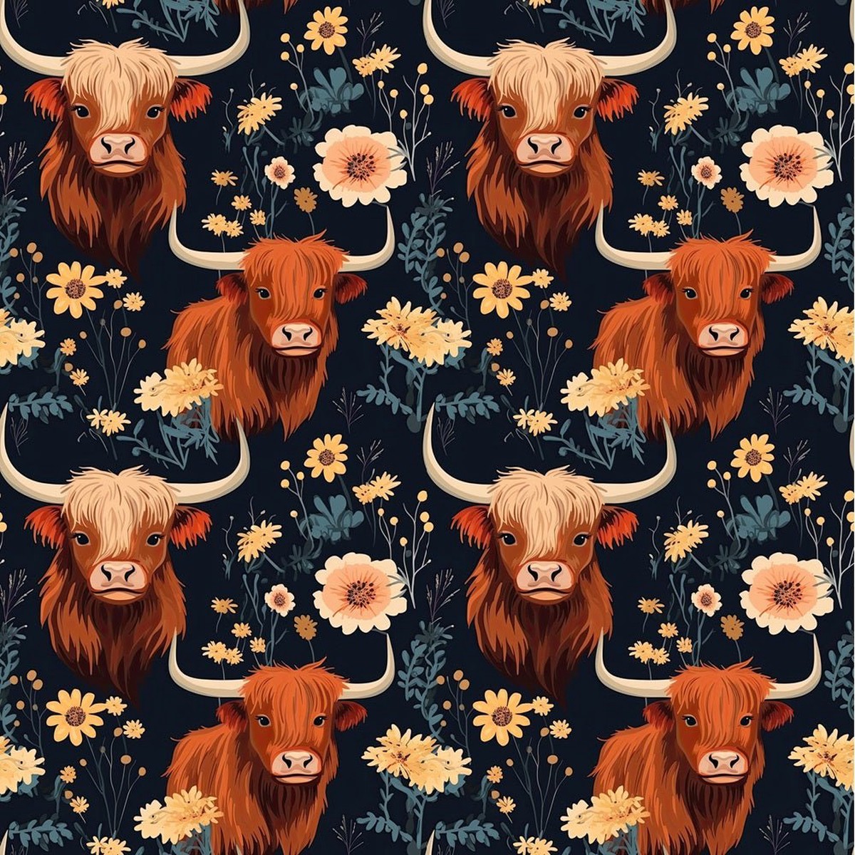 Floral Highland Cows Pattern 5 Fabric