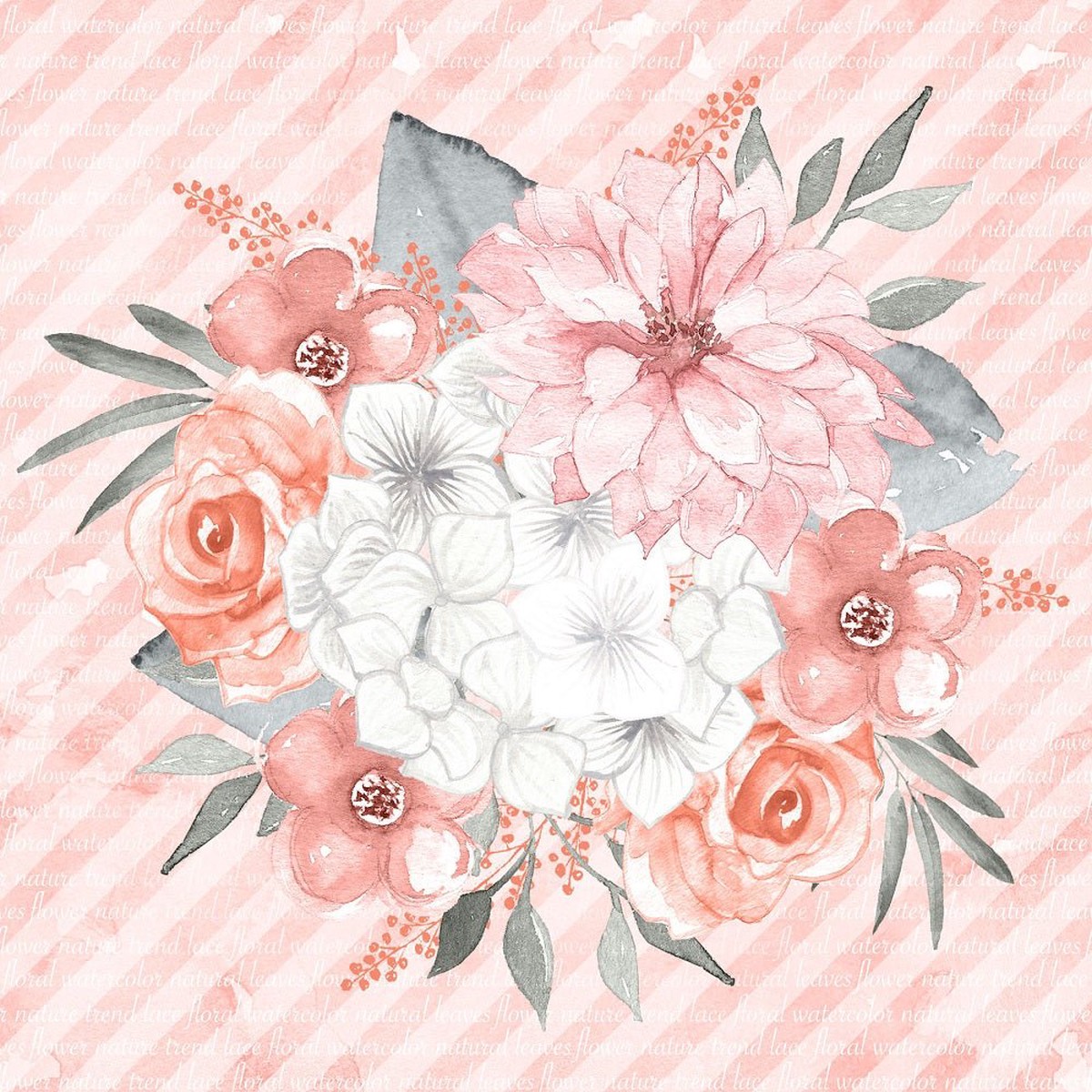 Bouquet on Diagonal Stripe Fabric Panel - Coral