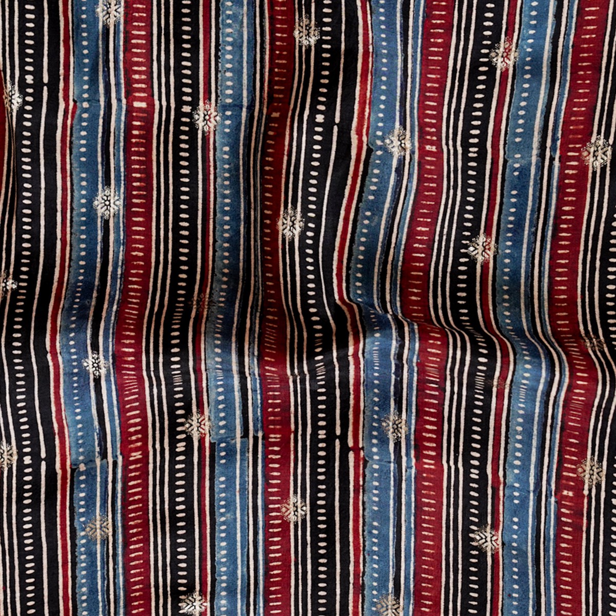 Dola Silk Ajrak Black With Stripes And Small Butti Design Hand Block Print Fabric