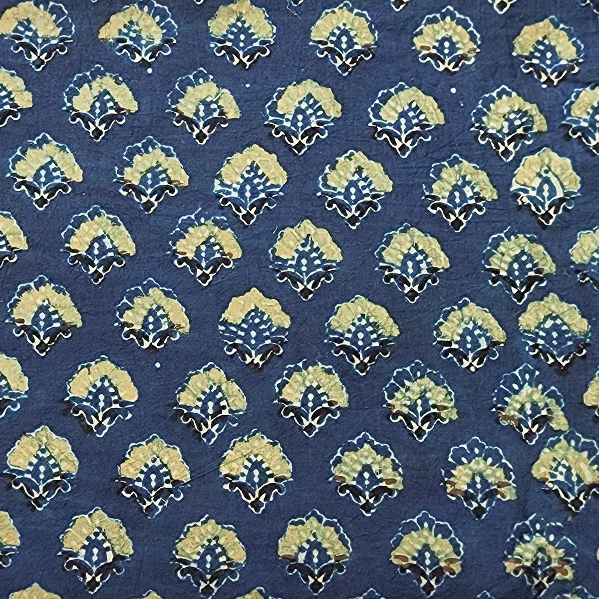 Pure Cotton Ajrak Blue With And Flower Motif Hand Block Print Fabric