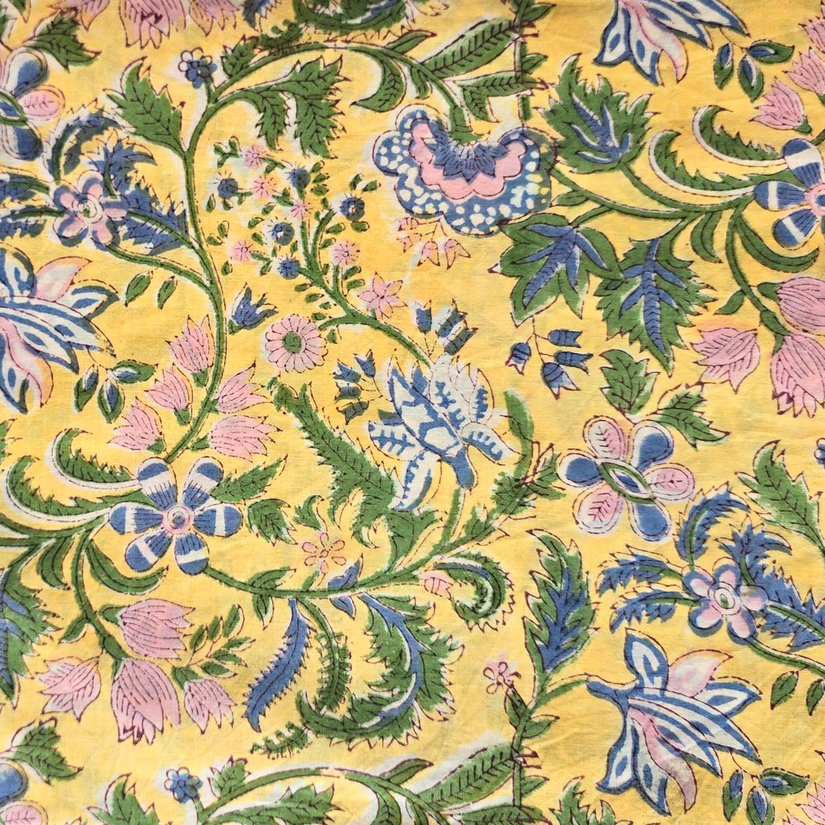 Pure Cotton Jaipuri Yellow With Blue And Peach Flower Jaal Hand Block Print Fabric