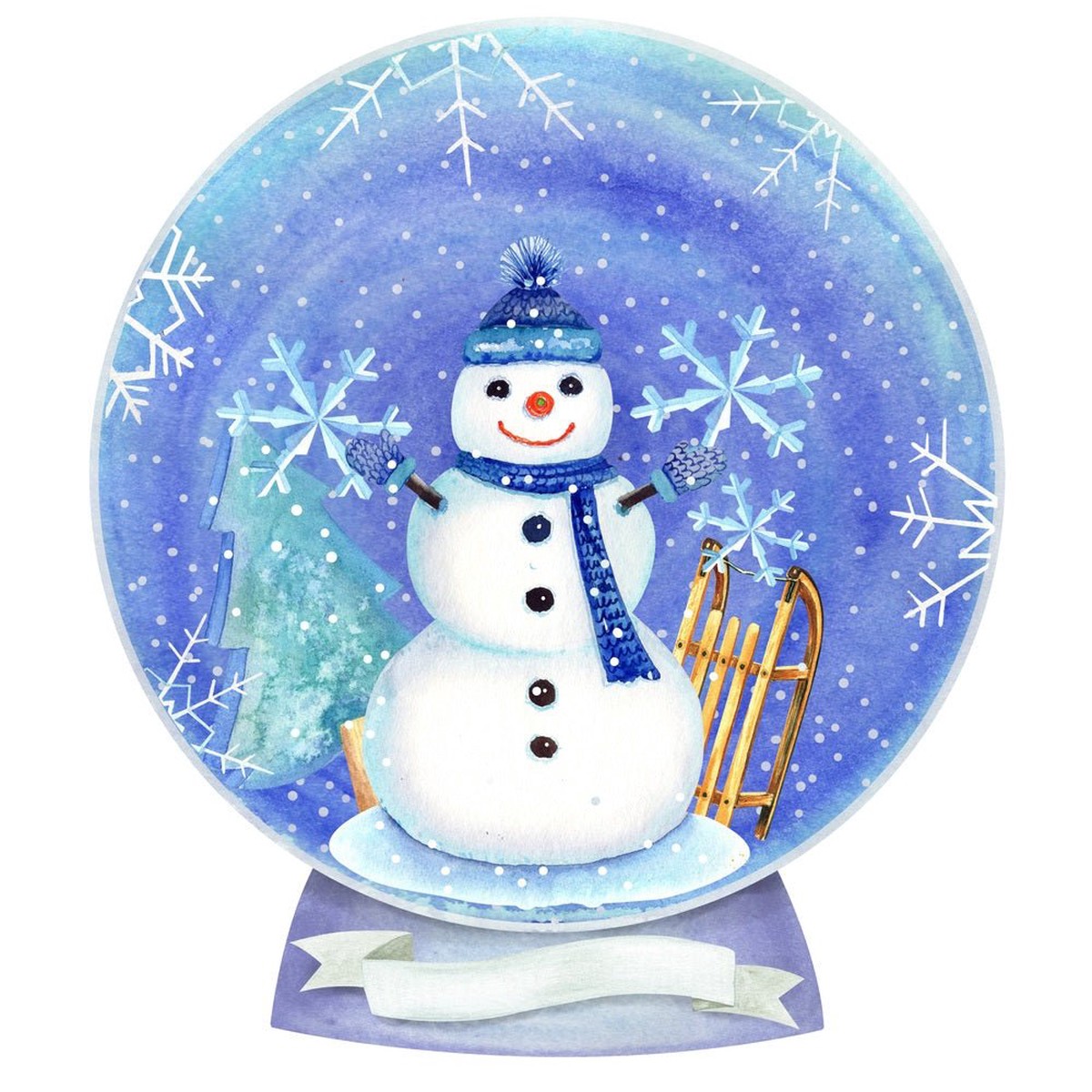 Snowman in Snow Globe Fabric Panel - Blue
