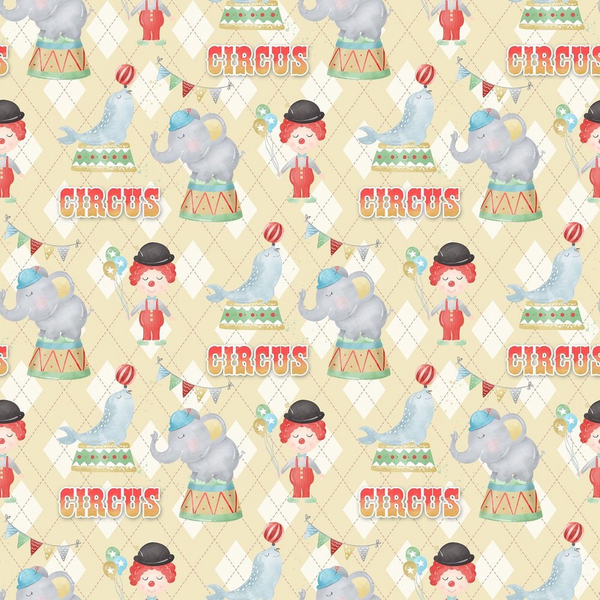 Watercolor Circus Scene 2 Fabric - Tan