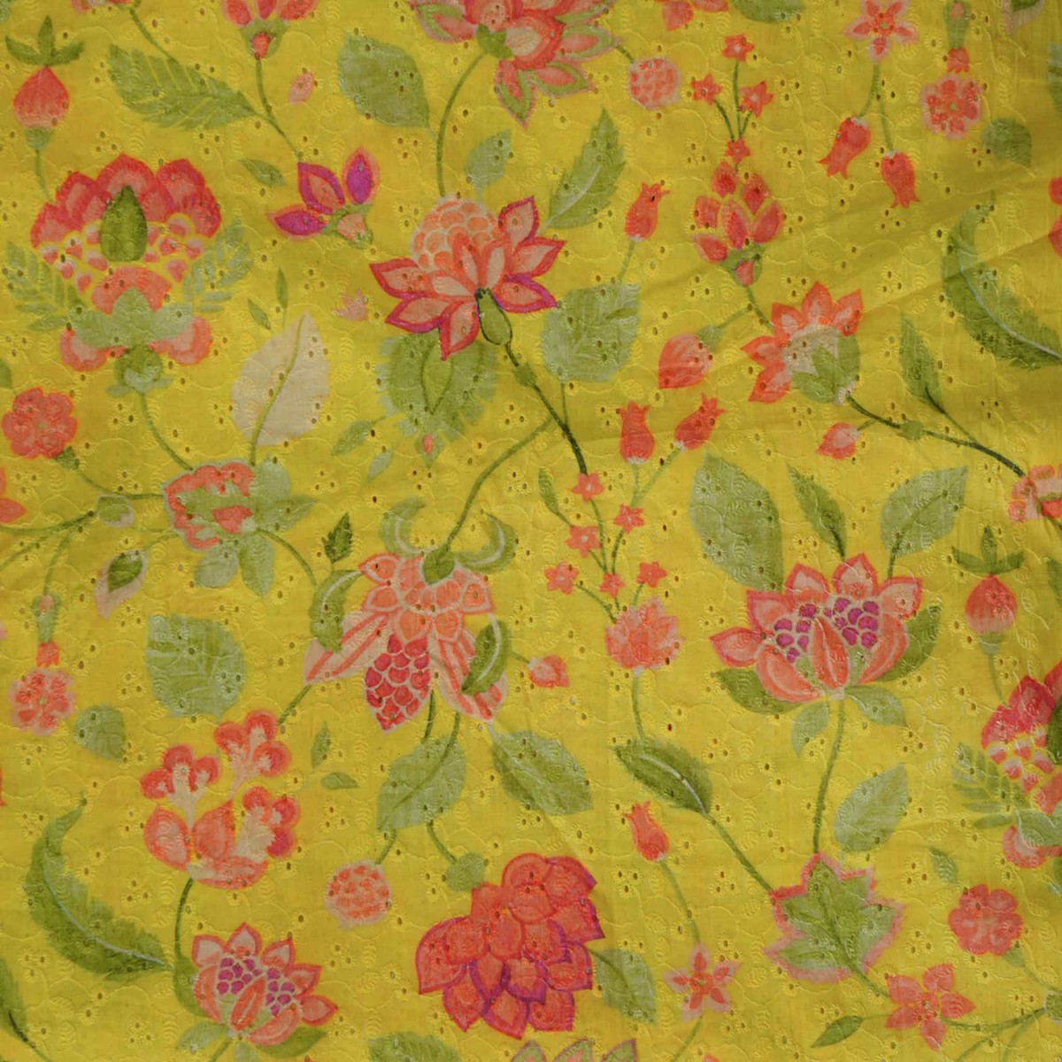 (Width 44 Inches ) Pure Cotton Hakoba Floral Yellow With Pink Flowers Jaal Hand Block Print Fabric