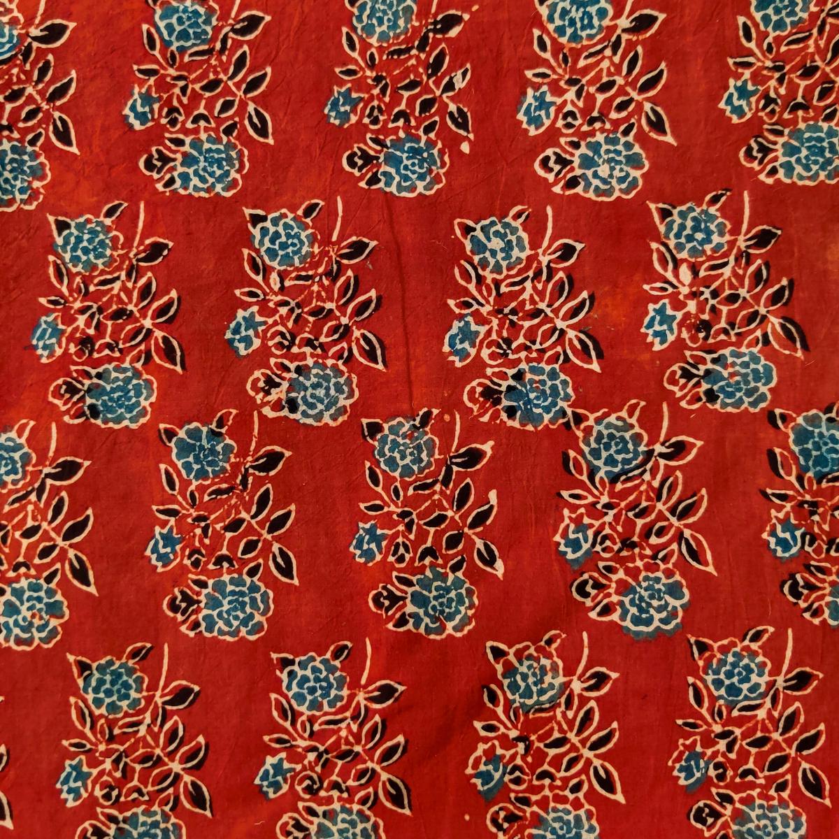 Pure Cotton Ajrak Madder With Blue Rose Plant Motif Hand Block Print Fabric